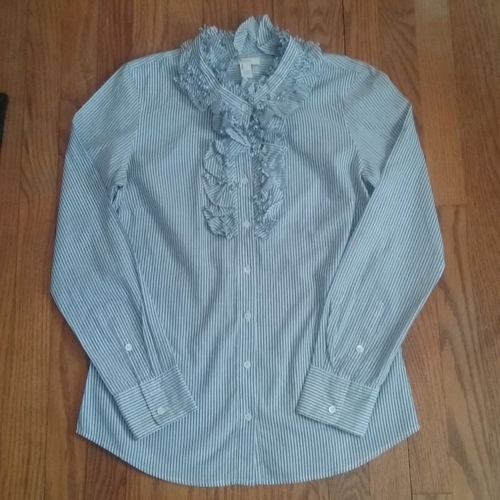 J. Crew Blue and White Striped Ruffle Button-Down Shirt